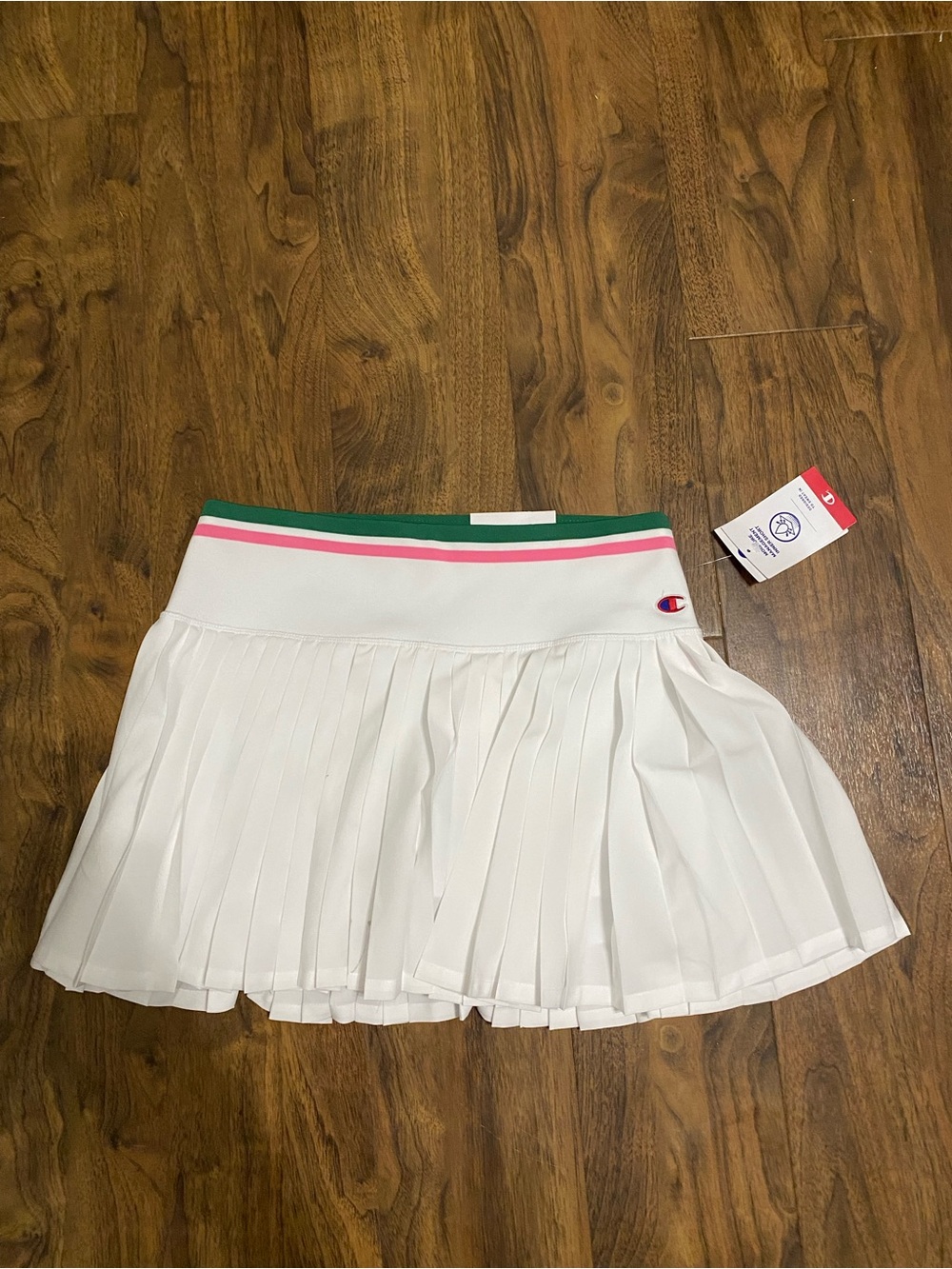 Champion White Pleated Skater Skirt with Pink and Green Waistband